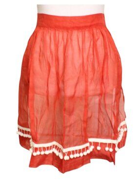 Red Sheer Half Apron White Pom Pom Trim Back Tie Small Small Pocket Vintage
